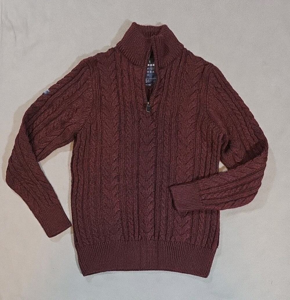 Superdry Premium Knitwear Co. Sweater Large Cable Knit Burgundy & Navy - 1/4 Zip